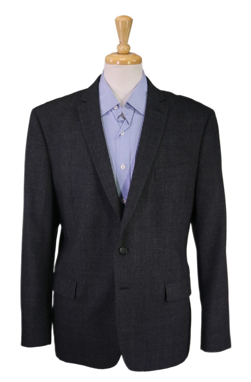 John Varvatos Mens Gray Black Plaid Wool Fleece 2-Btn Blazer Jacket 46R